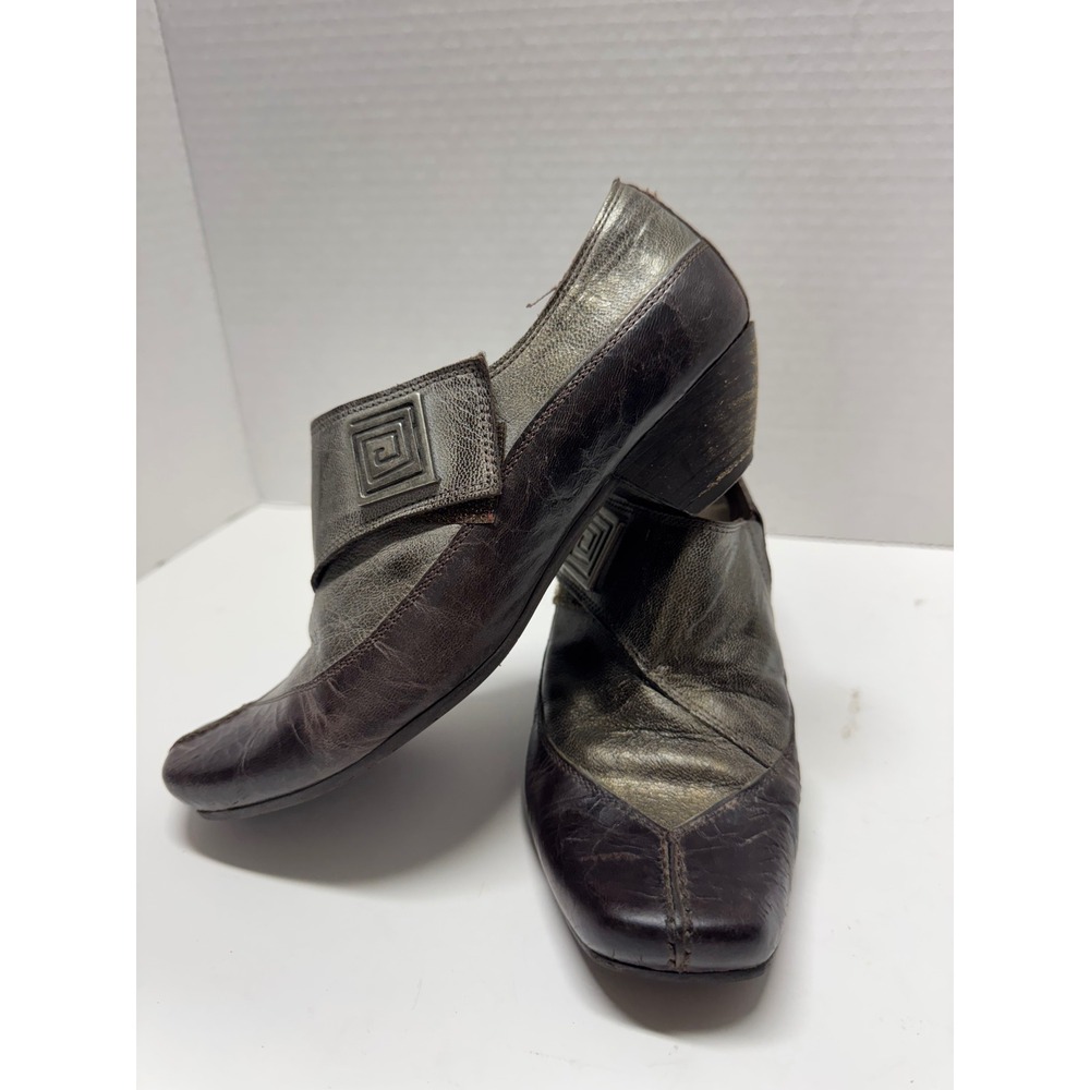 Fidji Brown Metallic Leather Square Toe Block Heel‎ Pumps Portugal Size 35 5